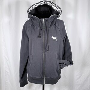 Victoria's Secret PINK Black Full-Zip Hoodie with White Logo Trim